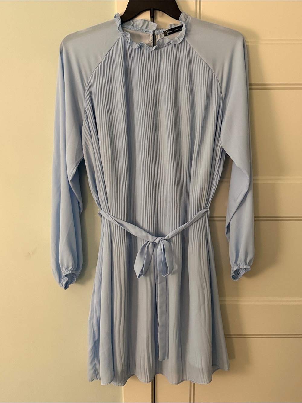 Ladies XL Pleated Light Blue Long-Sleeve Tunic Dress - Tie Waist - PrettyGarden